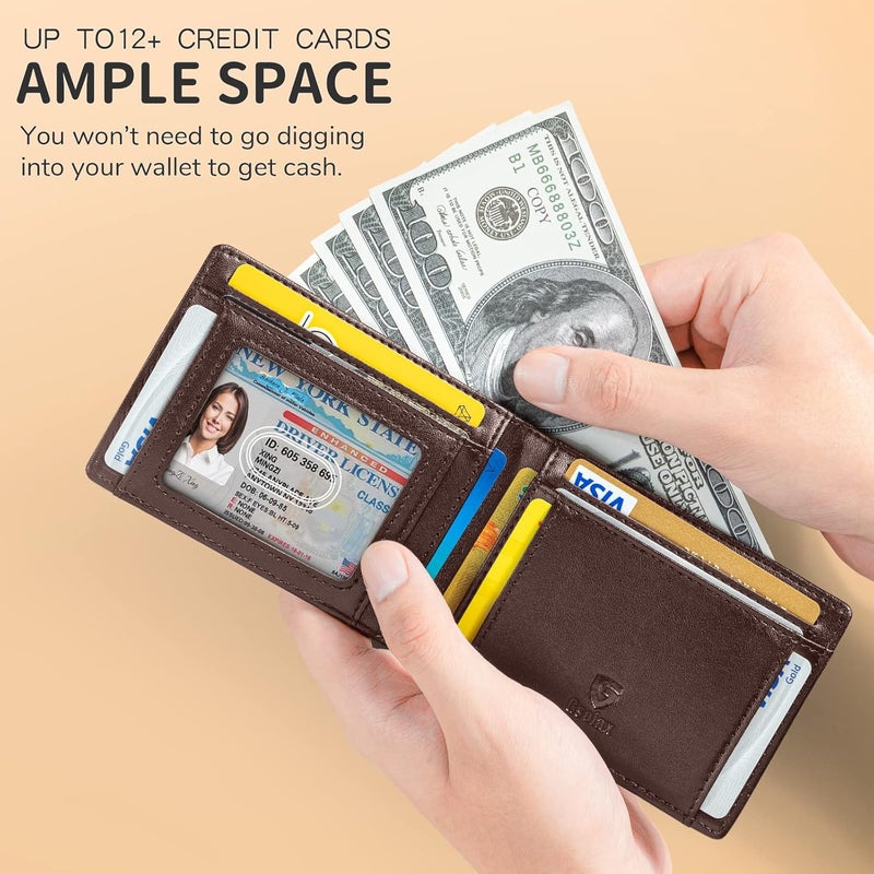 GSOIAX Slim Wallet for Men RFID Blocking Bifold Wallet Carbon Fiber Front Pocket Wallet with 11 Card Holder Minimalist Mens Wallet with Gift Box(Leather Coffee) - Image 4